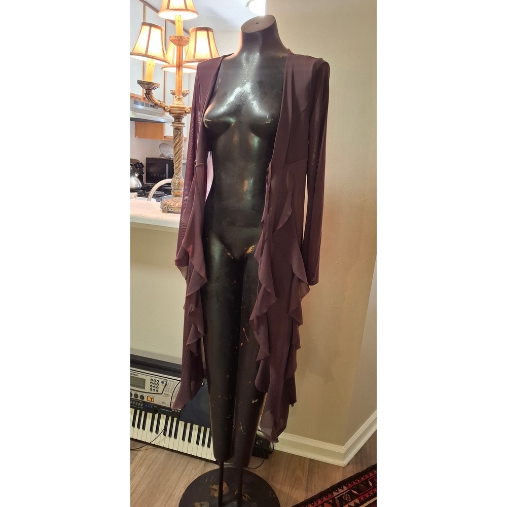 Madden NYC Plum Mesh Ruffle Duster Long Cardigan Tie Front WhimsyGoth Boho Med